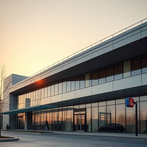 Architettura moderna di un edificio commerciale con luci soffuse al tramonto.