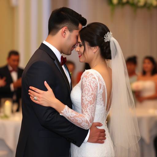 Coppia di sposi che si abbracciano durante il ricevimento di matrimonio