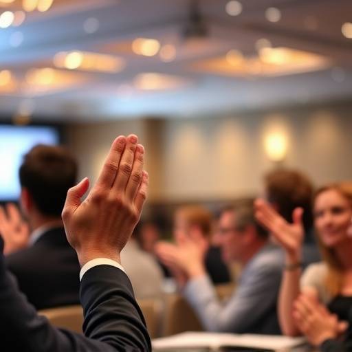 Dettaglio di mani che applaudono durante una conferenza.