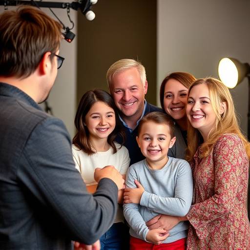 Fotografo che ritrae una famiglia sorridente in studio