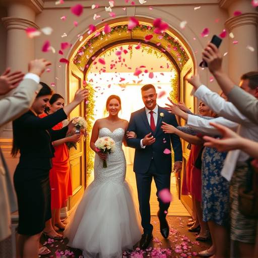 Gli invitati che lanciano petali di rosa agli sposi all'uscita dalla chiesa.