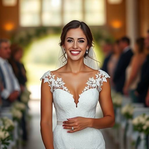 La sposa che sorride raggiante mentre cammina lungo la navata.