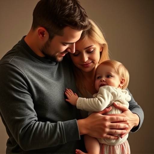 Ritratto di famiglia che abbraccia teneramente un bambino