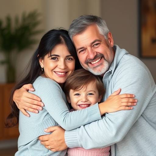Ritratto di famiglia con genitori e figli che abbracciano e sorridono alla camera.