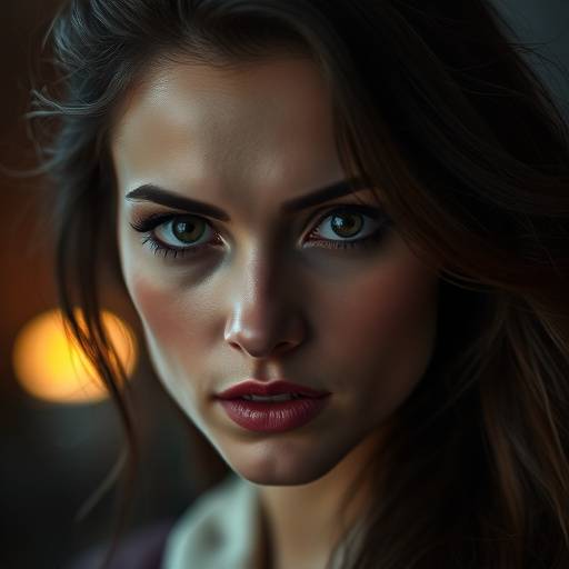 Ritratto di una giovane donna con uno sguardo intenso e uno sfondo sfocato.