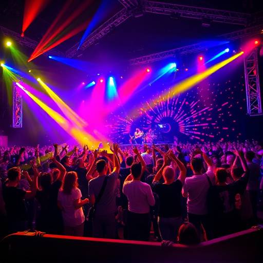 Scena vibrante di un concerto con luci colorate e pubblico in delirio.