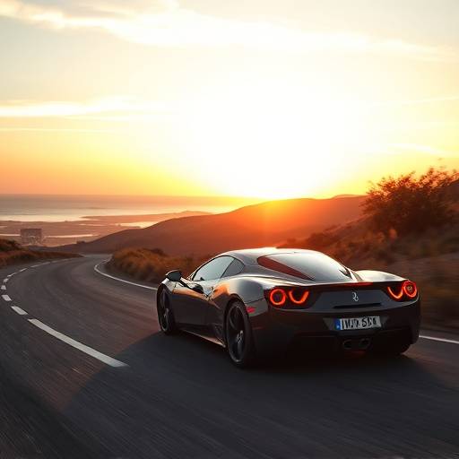 Un'automobile sportiva di lusso parcheggiata su una strada panoramica al tramonto.