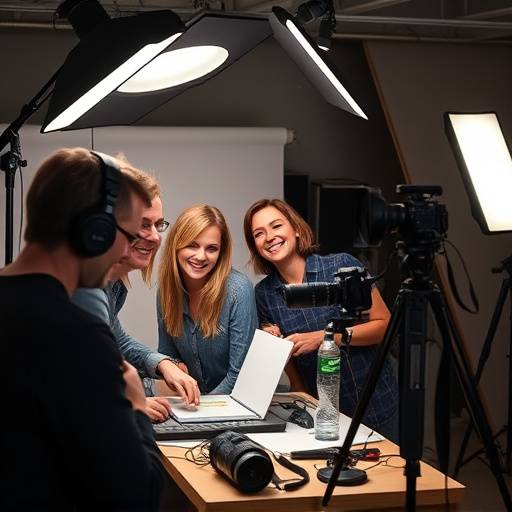Un gruppo di fotografi dello Studio Luce Eterna al lavoro, sorridenti e concentrati.